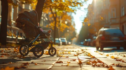 A baby carriage left in an alleyway. bright day - obrazy, fototapety, plakaty