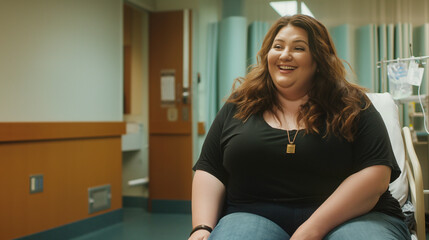 Retrato de uma mulher com excesso de peso sentada no corredor do hospital, olhando para a câmera. - obrazy, fototapety, plakaty