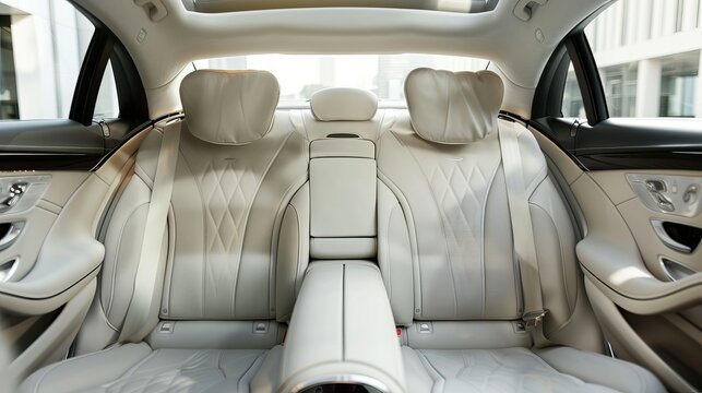 Frontal view of a contemporary luxury car with white leather back seats
