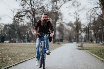 Stylish bearded man enjoying a bike ride along a tree-lined path in the park with autumn foliage.