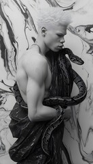 black and white albino man posing with snake marble artistic muscular sensual beauty