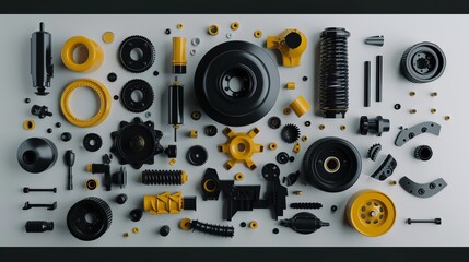 black and hints of yellow car parts center composition on a white background