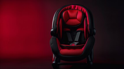 black and red baby car seat standing on a plain matte black background