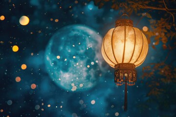 Ramadan Month: A moonlit night with a dark blue sky and numerous stars. The hanging oriental lantern creates a warm ambiance