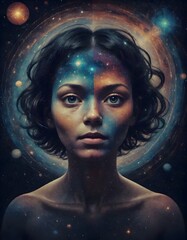 Dreamy Woman with Starry Eyes and Galaxy Background, Generative AI