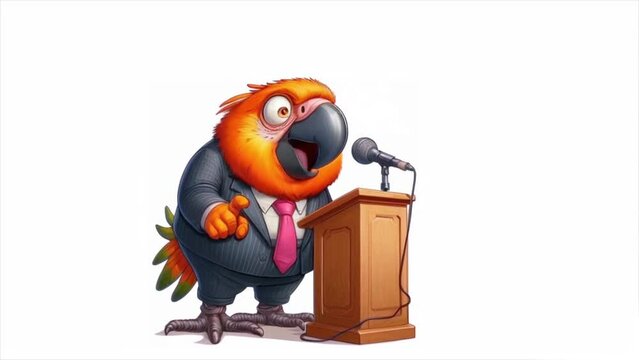 parrot in a suit speaks from the podium