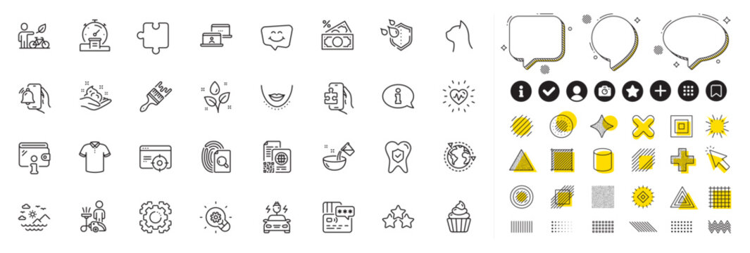 Set of Smile chat, Card and Seo gear line icons for web app. Design elements, Social media icons. Car charging, T-shirt, Brush icons. Wallet, Cooking water, Money tax signs. Vector