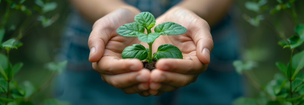 Nurturing growth: hands holding a young plant