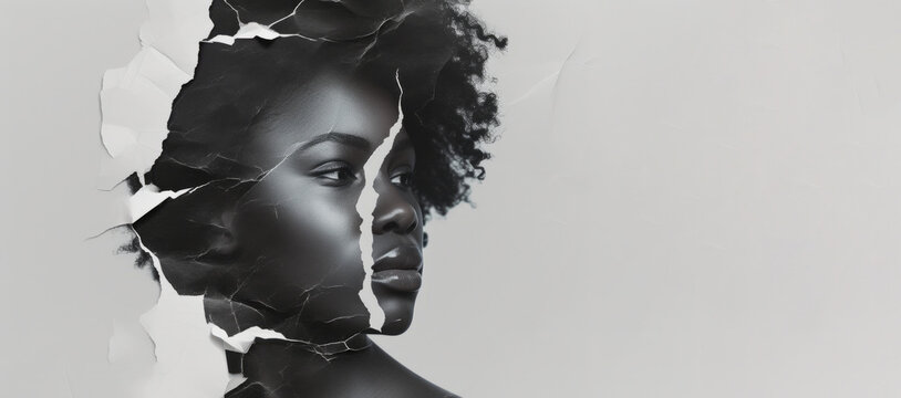 paper photo collage mockup featuring a black woman. The collage is composed of various photos, creating a dynamic and visually engaging composition. mockup offers a creative in a modern and trendy