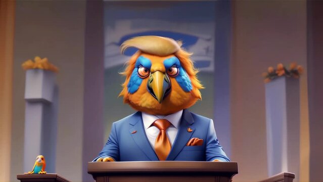 parrot in a suit speaks from the podium
