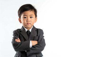 little asian boy dressed up as a businessman isolated on white background 