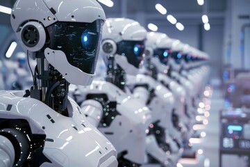 Fototapeta premium In a high-tech factory, a row of white robots diligently work together to assemble products with precision and efficiency