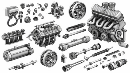 Car Parts Technical Drawing, automobile car machine engine 3D vector. car service elements isolated on white   background.