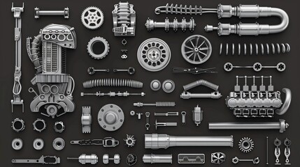 Car Parts Technical Drawing, automobile car machine engine 3D vector. car service elements isolated on black background. - obrazy, fototapety, plakaty