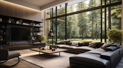 Nowoczesny jasny salon w czerni z przeszklonymi oknami i światłem. Styl industrialny. Wystrój wnętrza, wysoki sufit i antresola z widokiem na ogród. Render 3d