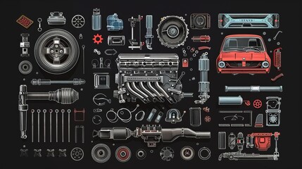 Car Parts Technical Drawing, automobile car machine engine 3D vector. car service elements isolated on black background.