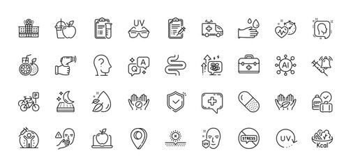 Capsule pill, Vaccine announcement and Ambulance car line icons pack. AI, Question and Answer, Map pin icons. Bicycle parking, No sun, Uv protection web icon. Vector - obrazy, fototapety, plakaty