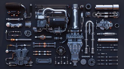 Car Parts Technical Drawing, automobile car machine engine 3D vector. car service elements isolated on dark blue background.