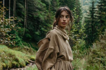 Naklejka premium A woman stands gracefully amidst tall trees in a lush forest, connecting with nature and enjoying the peaceful surroundings