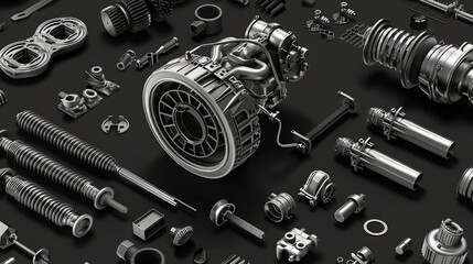 Car Parts Technical Drawing, automobile car machine engine 3D vector. car service elements isolated on black background.