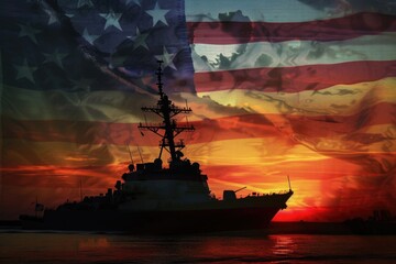 Military might on the ocean, silhouetted against a backdrop of national pride.