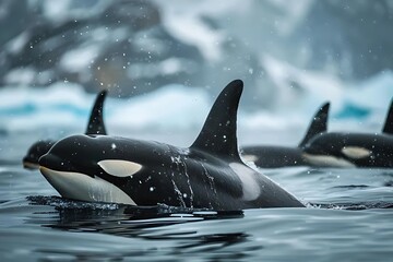 Experience the breathtaking sight of a pod of orcas gracefully navigating the icy Arctic waters, their striking black and white colors contrasting against the frozen seascape. - obrazy, fototapety, plakaty