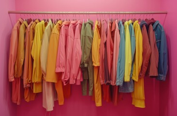 a rack of hanging from a pink wall