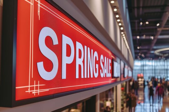 Minimalist store decor featuring a striking "SPRING SALE" sign on a bright red backdrop, creating a focal point in the clean, contemporary interior