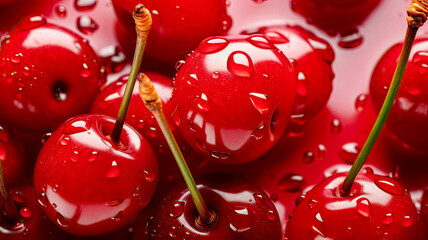 Indulge in the beauty of appetizing cherries set against a horizontal, inviting red wallpaper.