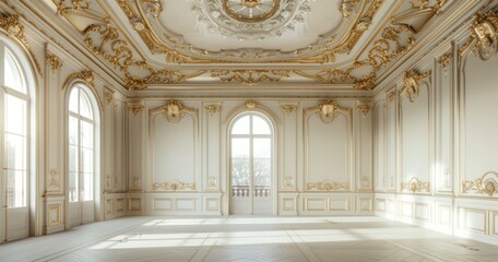 an empty room with white walls and gold ceilings