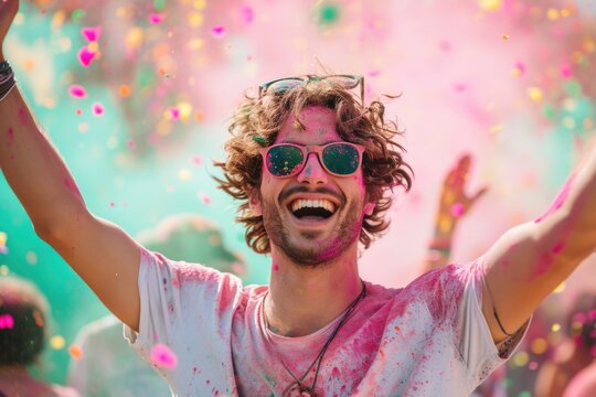 Man reveling in the exuberance of a vibrant color festival, arms wide open.