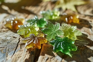 Clear gummies shaped like cannabis leaves on wooden surface. Range of colors from translucent green to deep gold. Play of light and shadow highlights leaf shapes