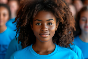 A beautiful African-American teenage girl in a blue T-shirt smiles at the camera, in the background there are girls of other ethnic groups from the same team