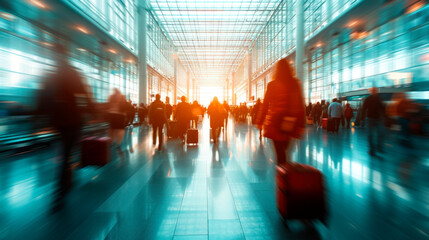 Blurred background with silhouette of people with suitcase moving through an airport or train station in the setting sun, copy space