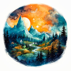 watercolor night scene with mountains and stars