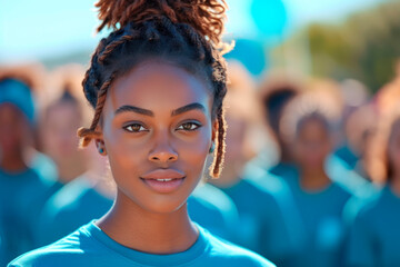 A beautiful African-American teenage girl with dreadlocks in a blue T-shirt smiles at the camera, in the background there are girls of other ethnic groups from the same team