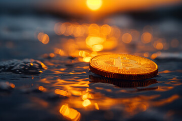 Golden Coin on Reflective Surface background image
