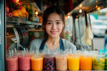 Young Asian smiling girl selling smoothies and juices for takeaway in food truck, small business concept