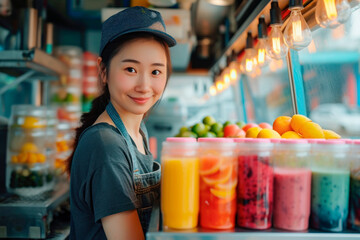 Side view of young Asian girl selling smoothies and juices for takeaway in food truck, small business concept