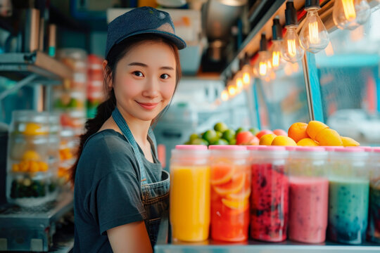 Side view of young Asian girl selling smoothies and juices for takeaway in food truck, small business concept