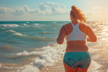A young overweight Caucasian woman runs along the sea along the shore, rear view. Weight loss concept, copy space