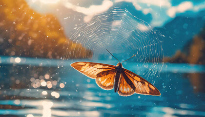 A moth flies next to the web.  - obrazy, fototapety, plakaty