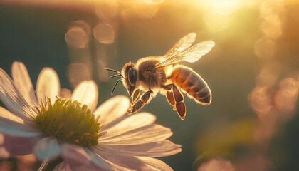 Bee in flight next to a flower ay the sunset time. - obrazy, fototapety, plakaty