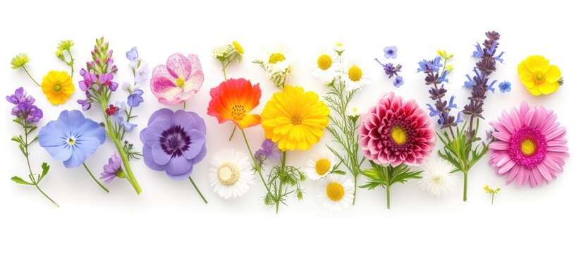 This photo showcases a vibrant assortment of different colored flowers placed on a clean and crisp white backdrop.