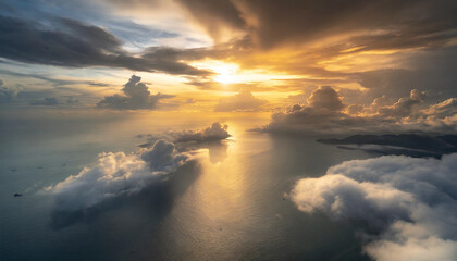 Fototapeta na wymiar Beautiful bright dramatic sunset over the sea, aerial view.