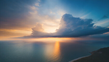 Fototapeta premium Beautiful bright dramatic sunset over the sea, aerial view. 