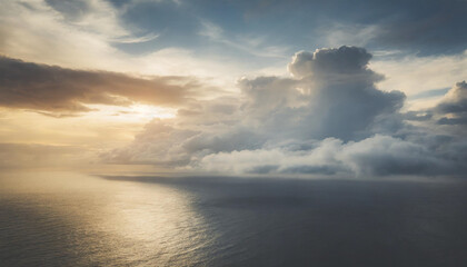 Naklejka na ściany i meble Beautiful bright dramatic sunset over the sea, aerial view.