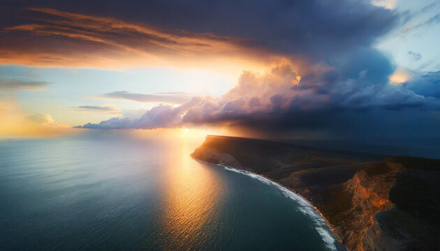 Beautiful bright dramatic sunset over the sea, aerial view.	