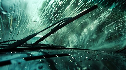 Car wipers, front windshield, wipers operating, wipers clearing one side - obrazy, fototapety, plakaty