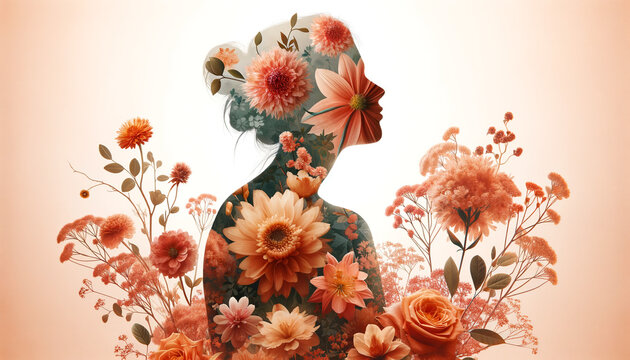 Floral Symphony: Double Exposure in Peach Tones. Renewal in Bloom: Human and Floral Harmony. Peach fuzz color of the year